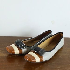 John Fluevog Grey  and Tan Flats Shoes with Bow Detailing